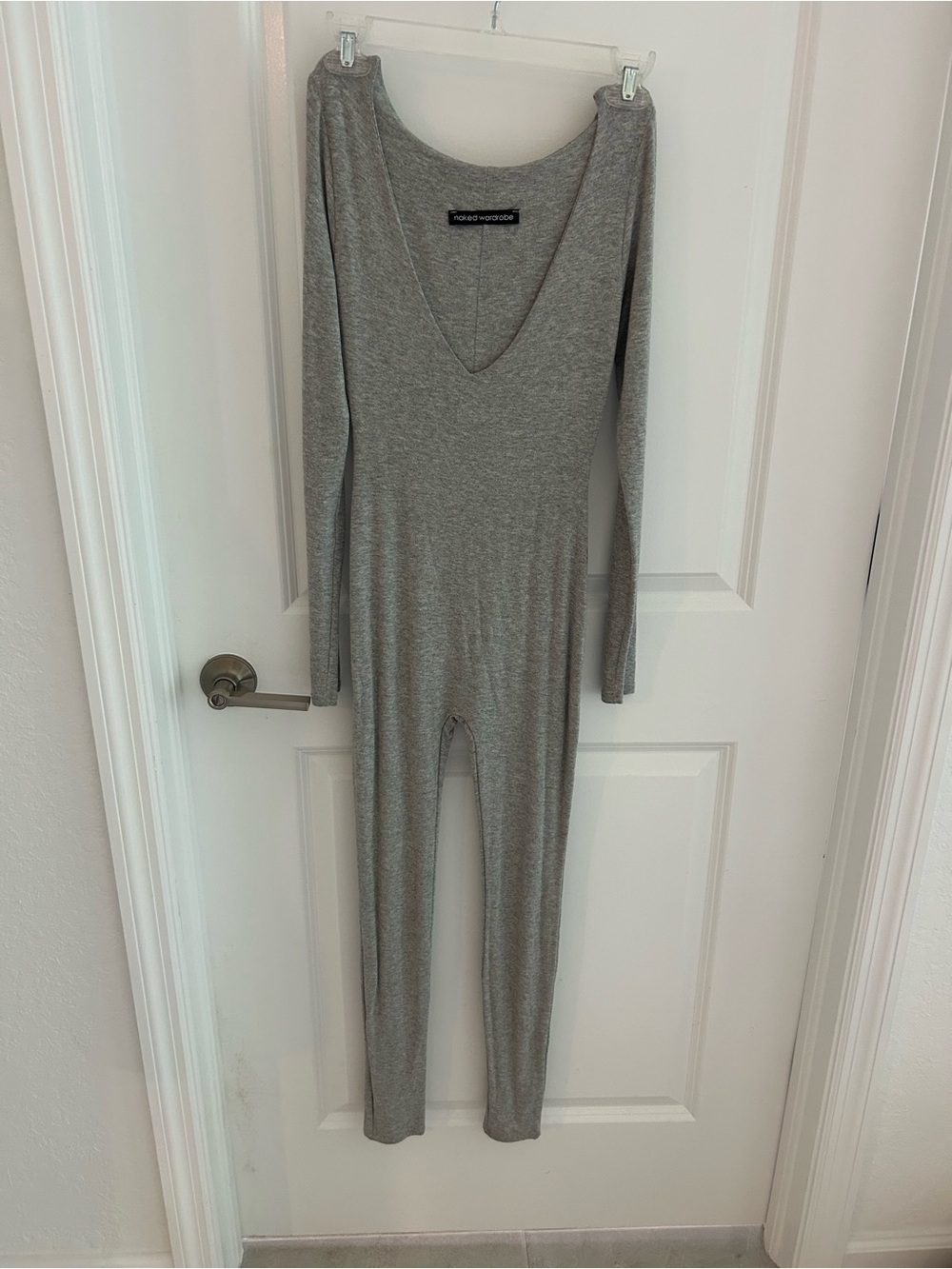 Naked wardrobe Grey Long-Sleeve V-Neck Jumpsuit